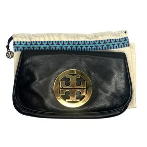 Tory Burch Reva Clutch Gold Amanda Black Leather